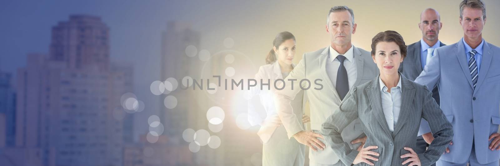 Digital composite of Business people and City buildings with flare light source