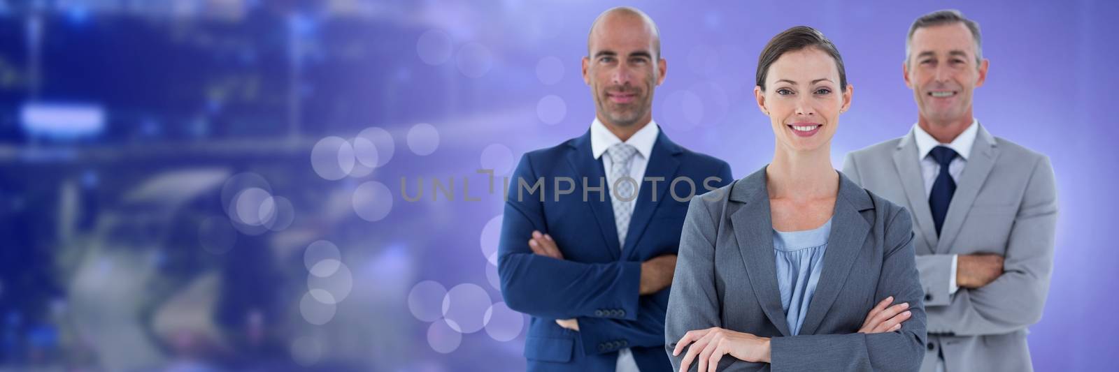 Digital composite of Business people and City with flare light source