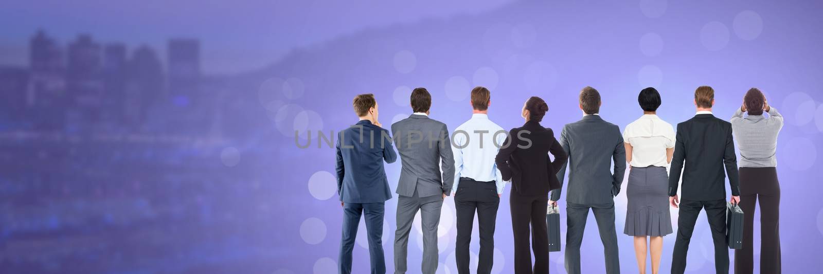 Digital composite of Business people and City buildings with flare light source