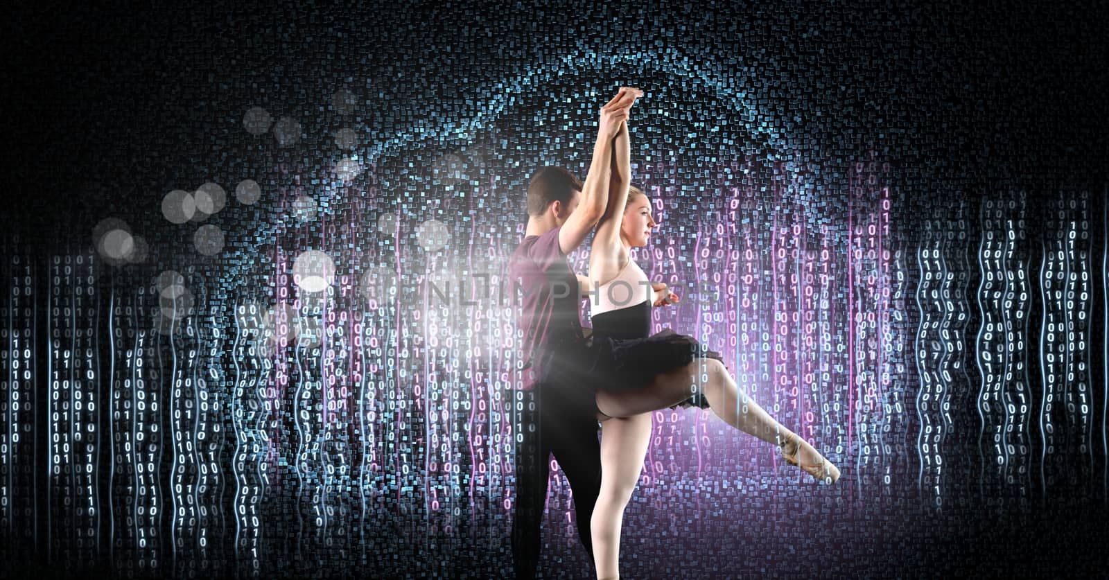 Glamorous Couple dancing with digital technology interface and glowing sparkling light by Wavebreakmedia