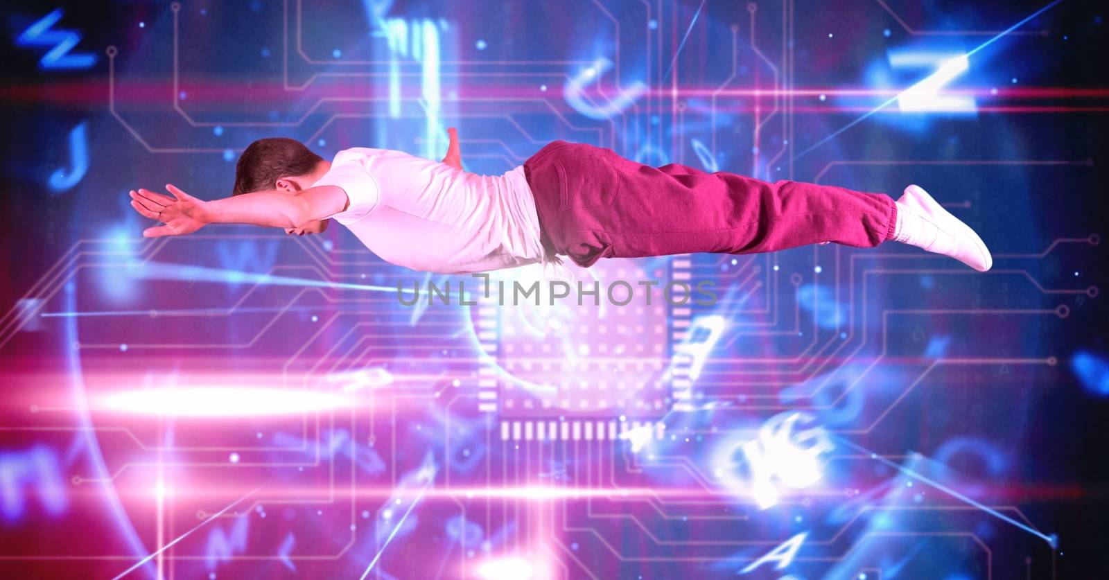 Digital composite of Man flying with digital futuristic technology interface