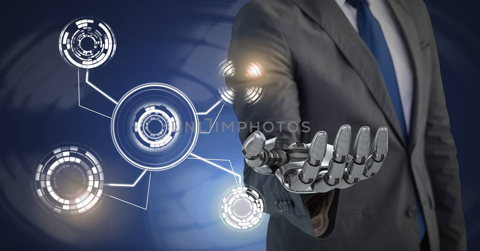 Digital composite of Robotic android hand and Glowing circle technology interface