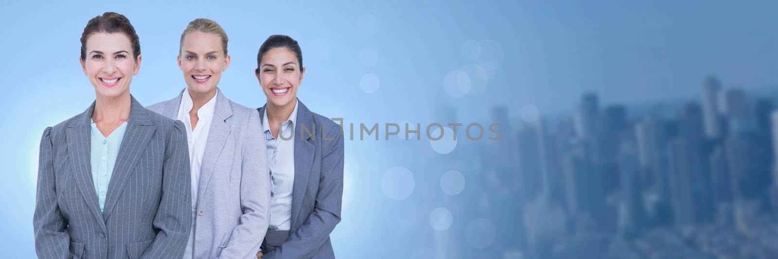 Digital composite of Business people and City buildings with flare light source