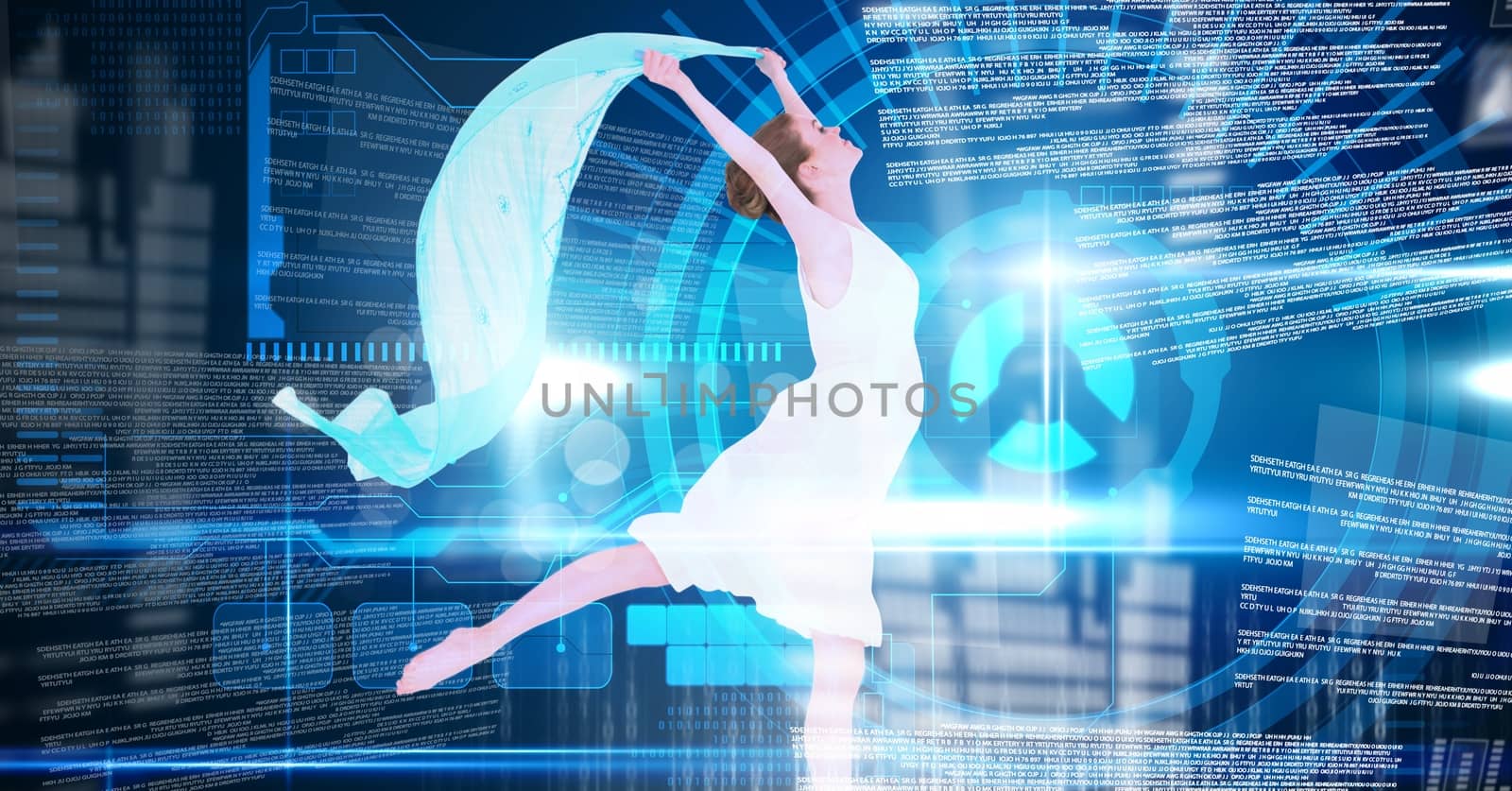 Digital composite of Dancer holding blue sheet with digital technology interface