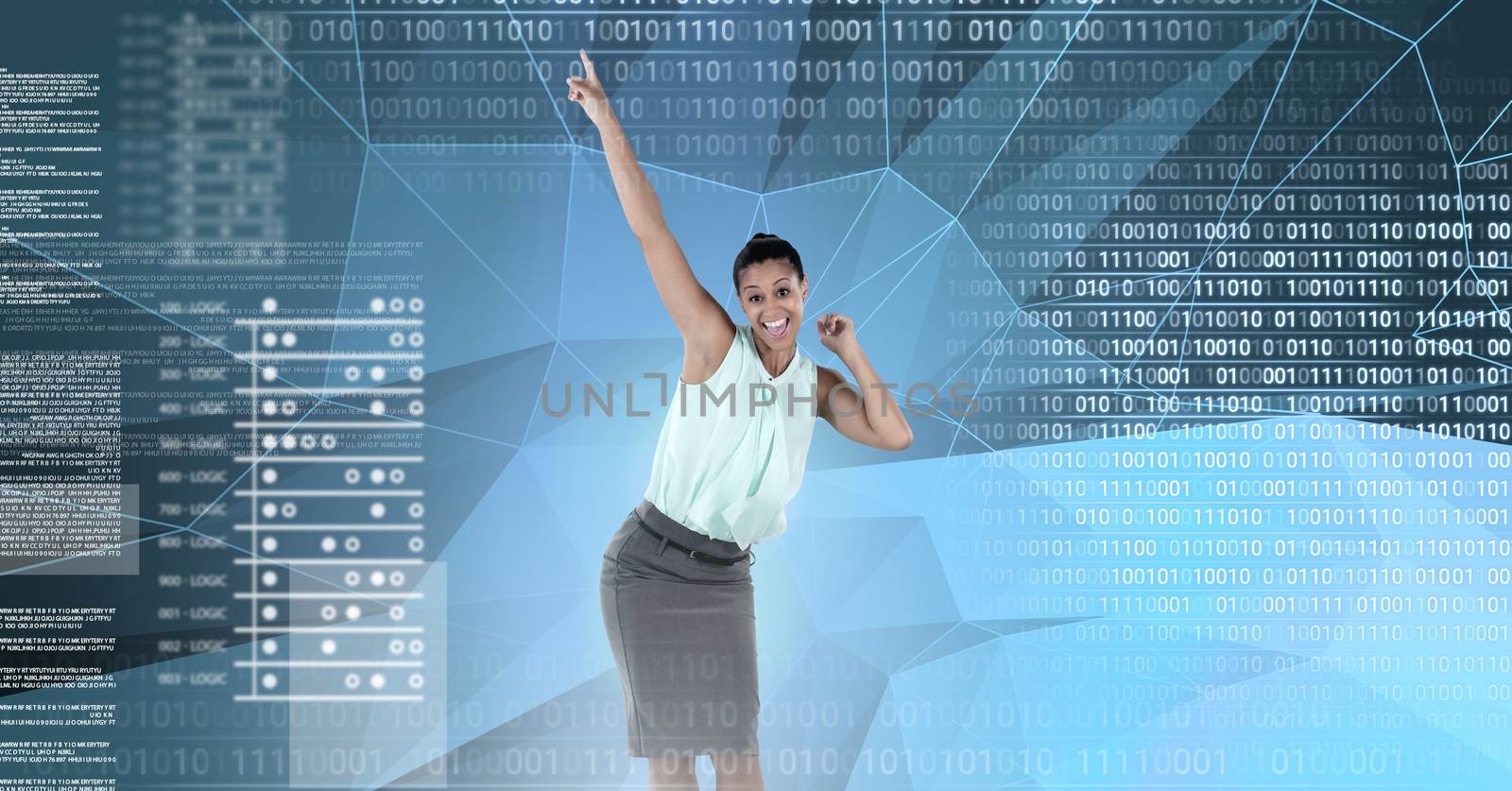 Digital composite of Businesswoman dancing with digital numbers technology interface