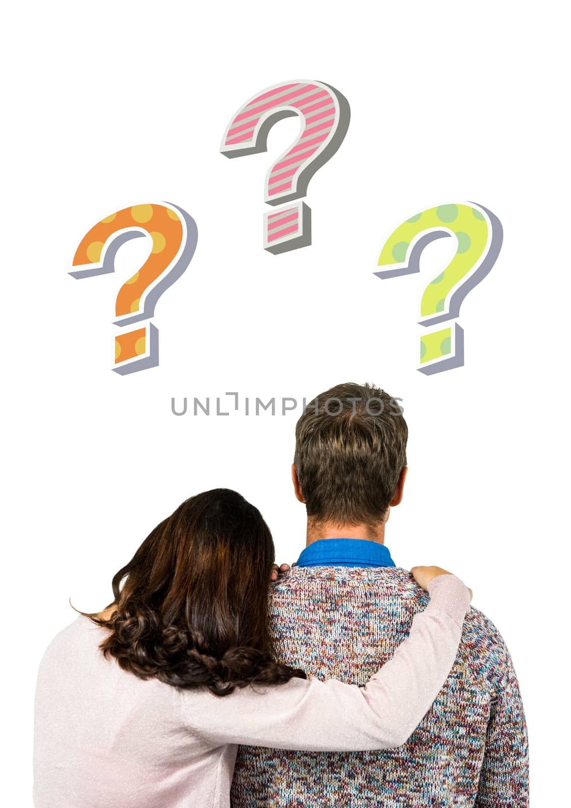 Digital composite of Couple thinking with colorful funky question marks