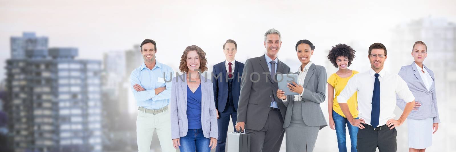 Digital composite of Business people and City buildings with flare light source