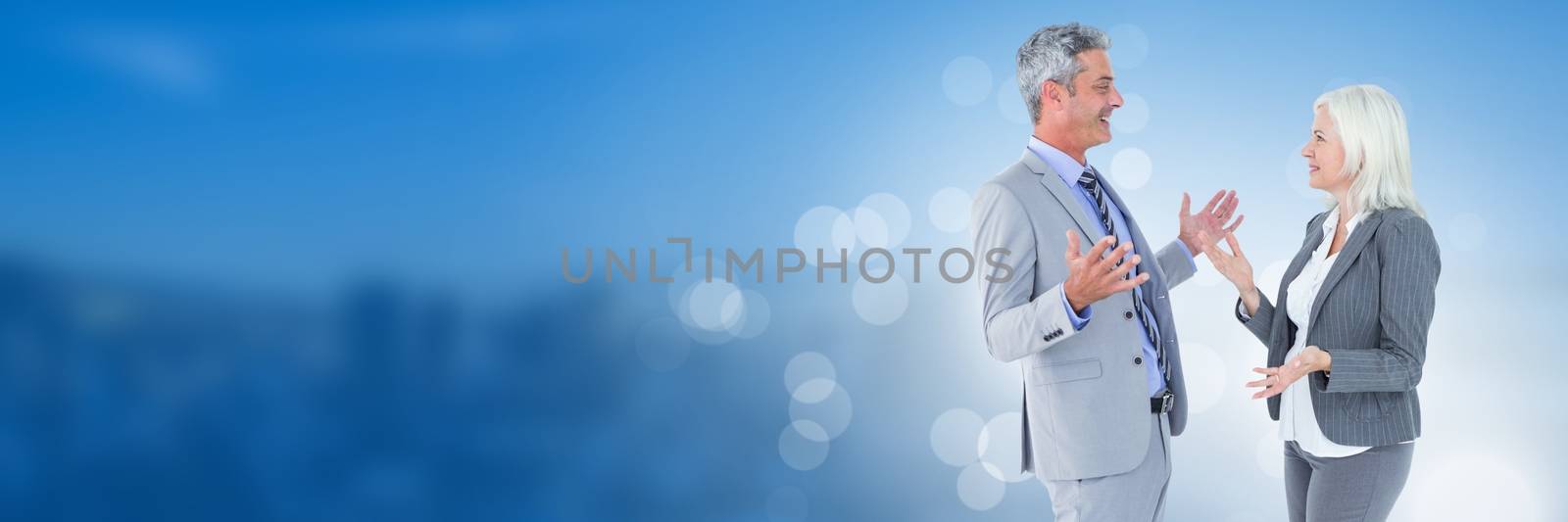 Digital composite of Business people and City buildings with flare light source
