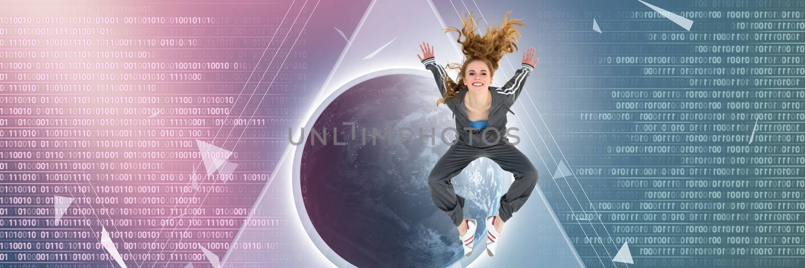 Cool young woman jumping with digital technology interface broken shapes by Wavebreakmedia