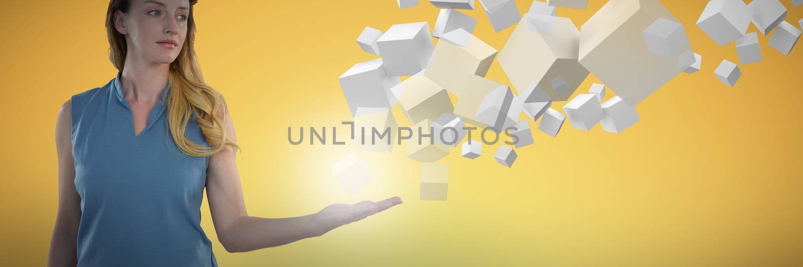 Businesswoman presenting object against abstract yellow background