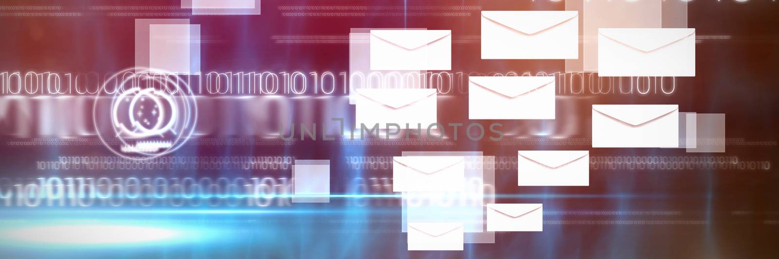 Graphic of Envelopes on white background against blue technology design with binary code