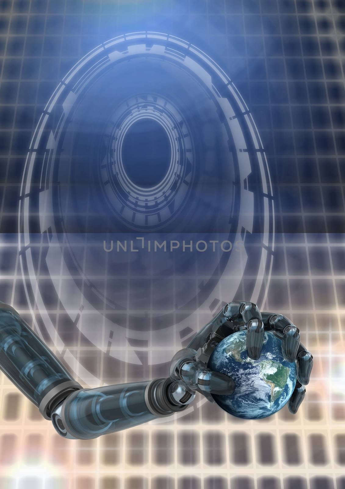 Digital composite of Robotic android hand and holding world earth Glowing circle technology interface