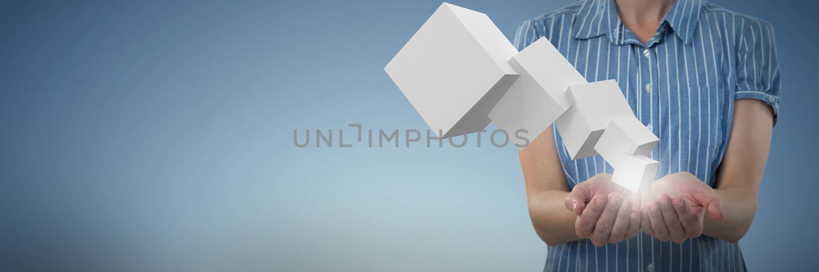 Businesswoman presenting object against abstract blue background