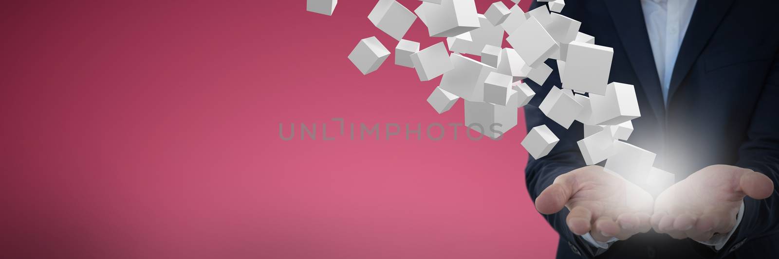 Mid-section of businessman presenting object against abstract maroon background