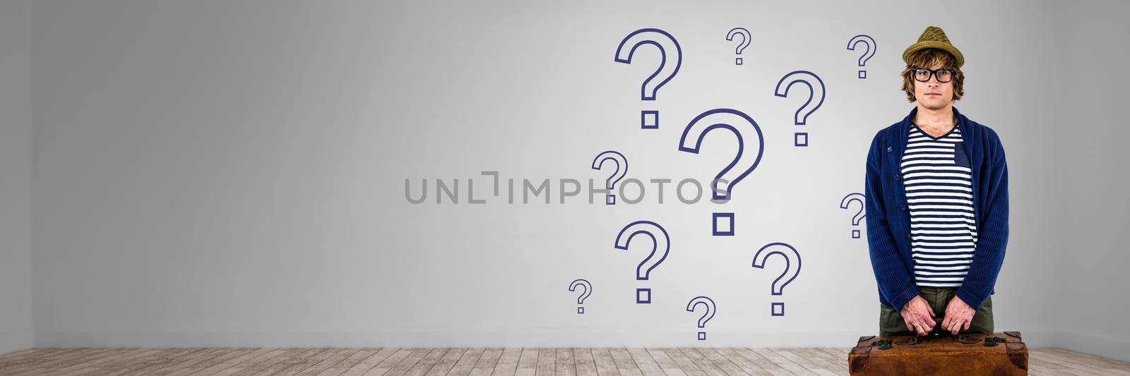 Digital composite of Man with travel bag and blue question marks