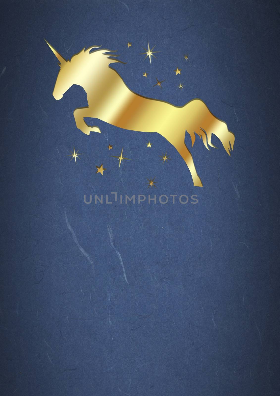 Digital composite of Golden unicorn imprint with stars on blue paper