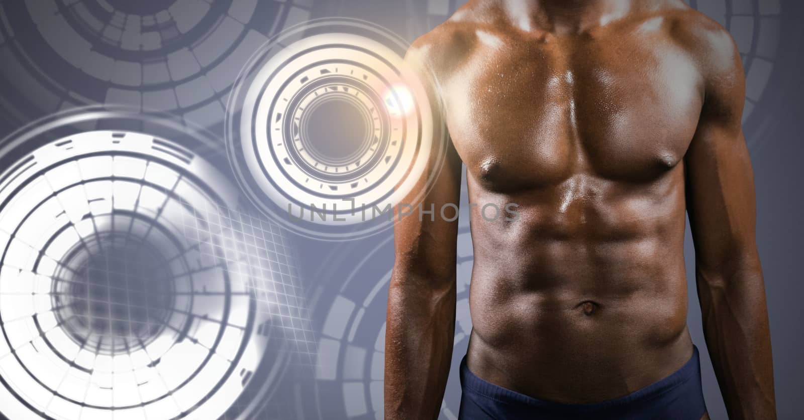 Digital composite of Male torso and Glowing circle technology interface