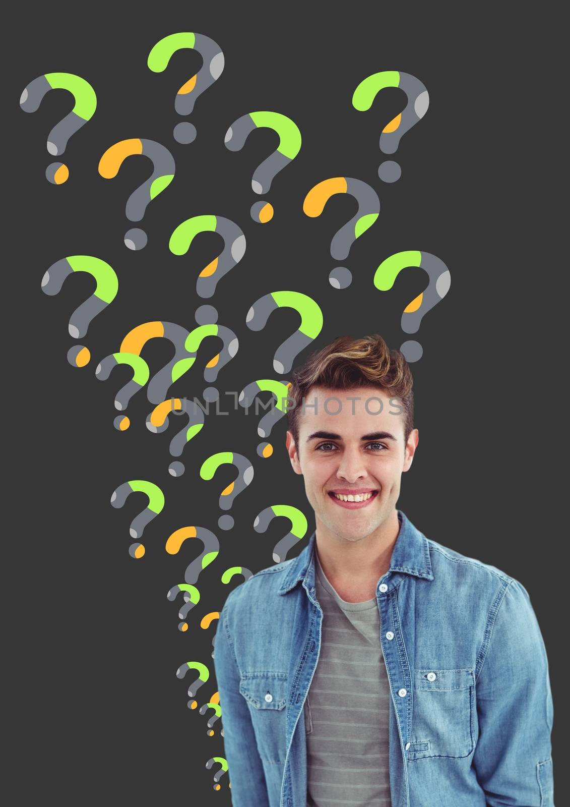 Digital composite of Man thinking with minimal design question marks