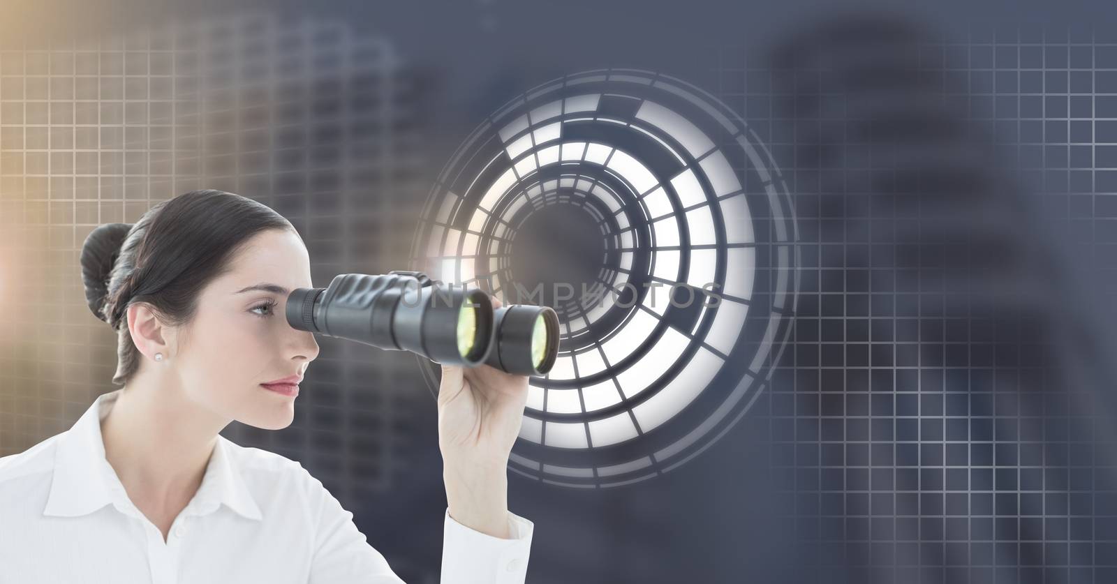 Digital composite of Woman with binoculars and Glowing circle technology interface