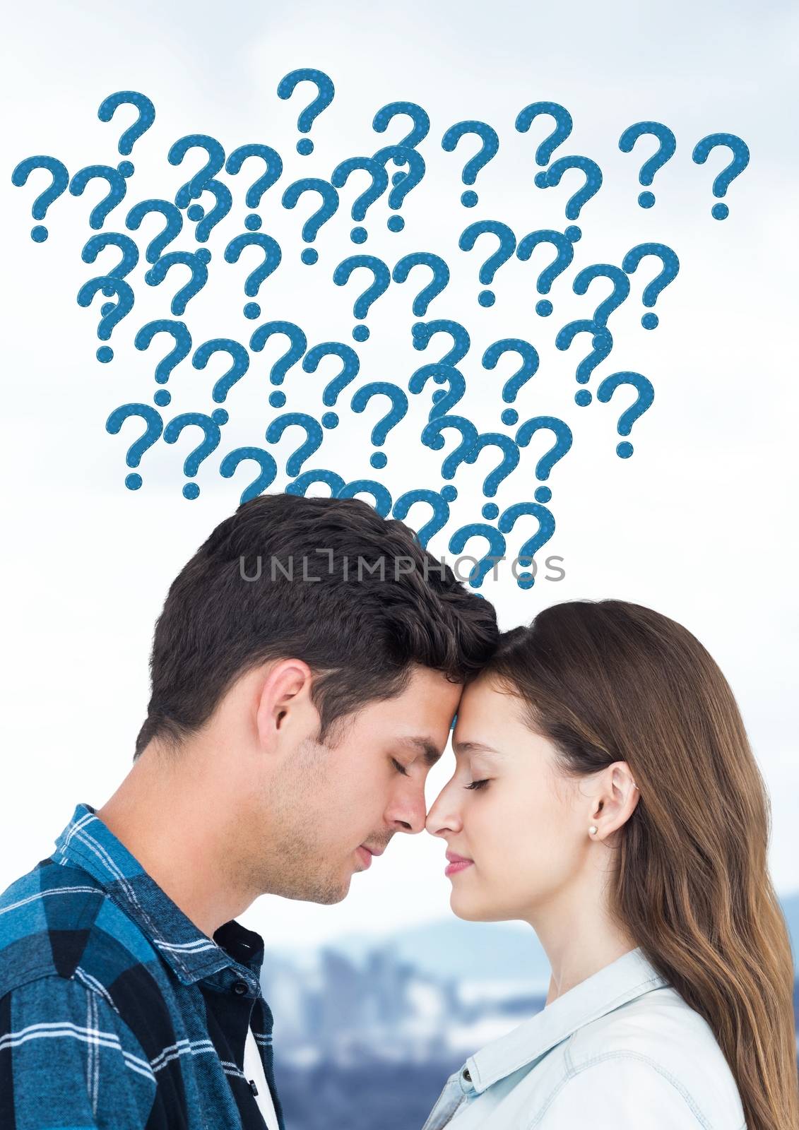 Digital composite of Couple thinking with question marks