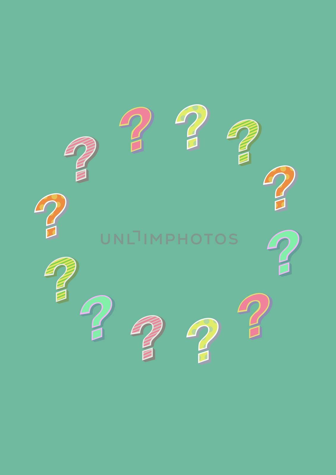 Digital composite of colorful funky question marks