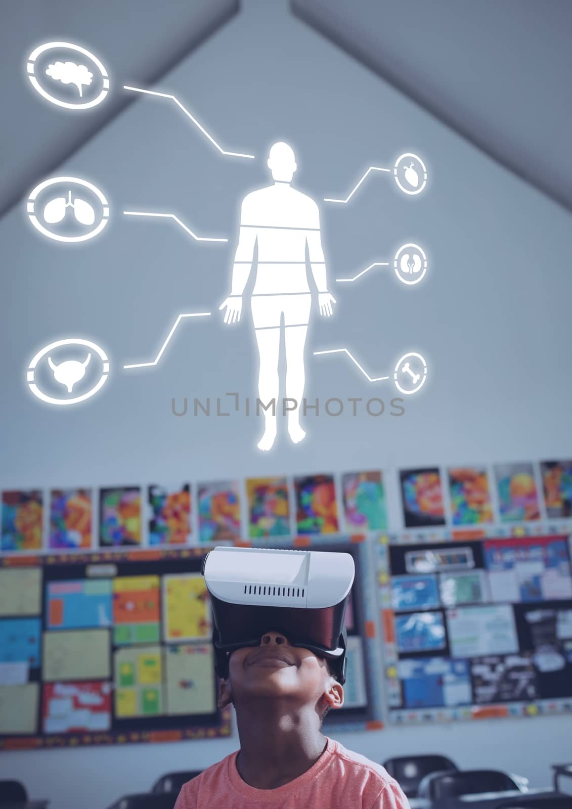 Digital composite of Human Body Chart education and boy with virtual reality headset