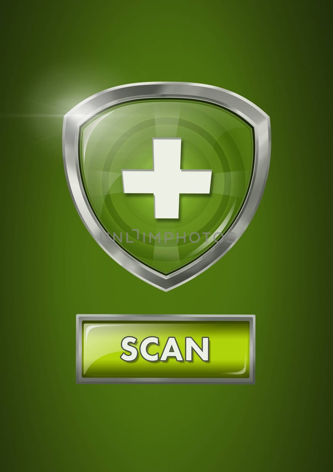 Digital composite of Health security protection shield with green scan button