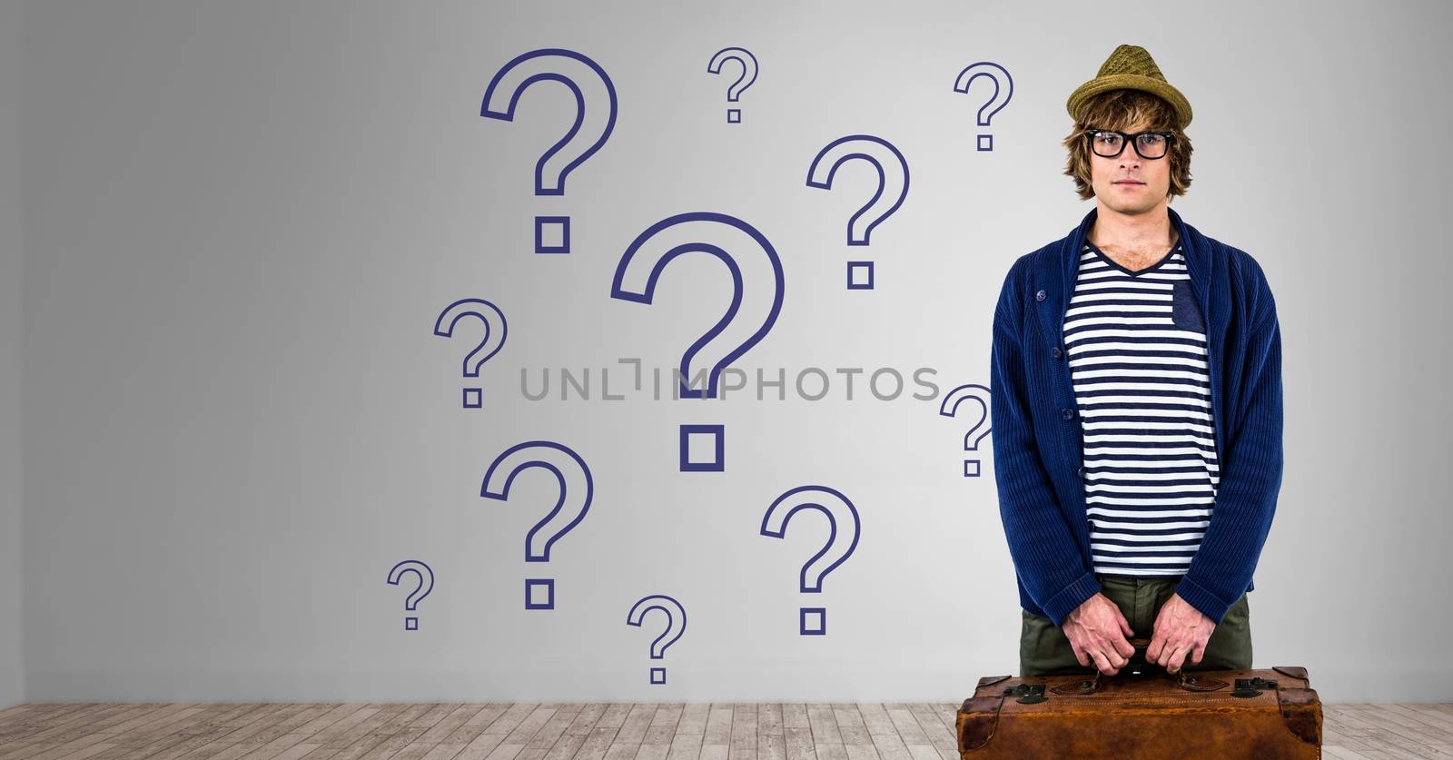 Digital composite of Man with travel bag and blue question marks