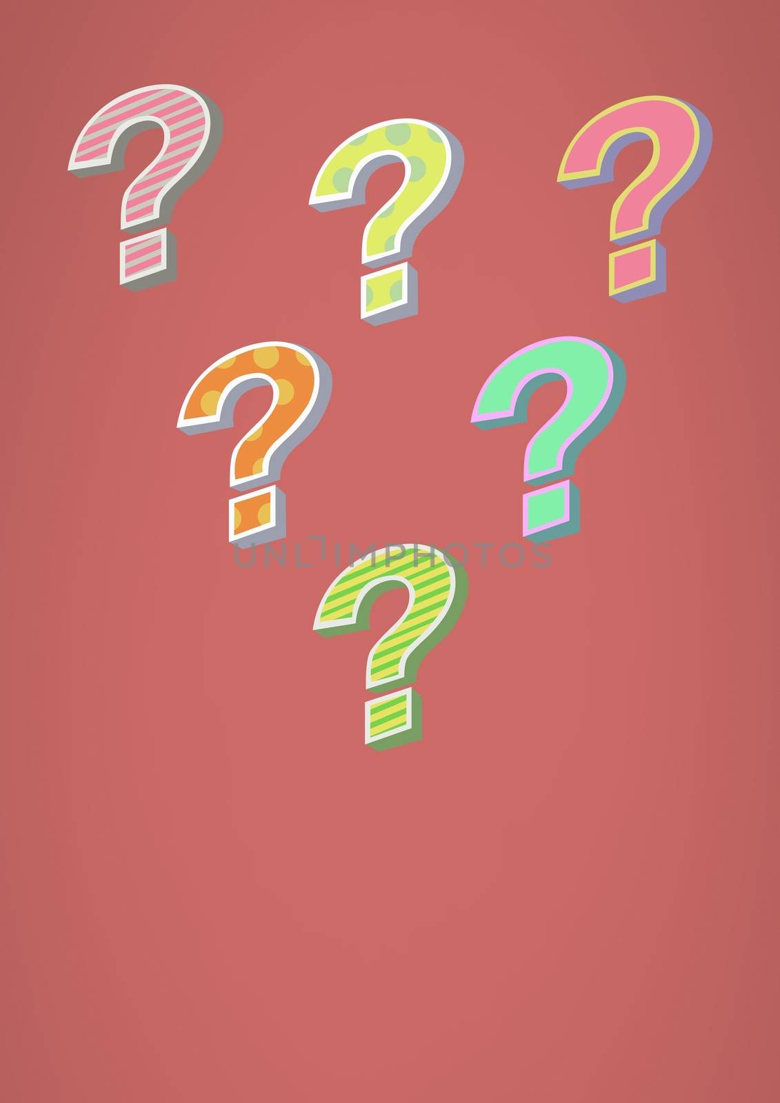 Digital composite of colorful funky question marks