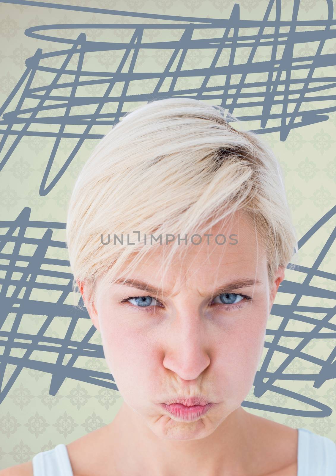 Digital composite of Funny faced woman with rough doodles