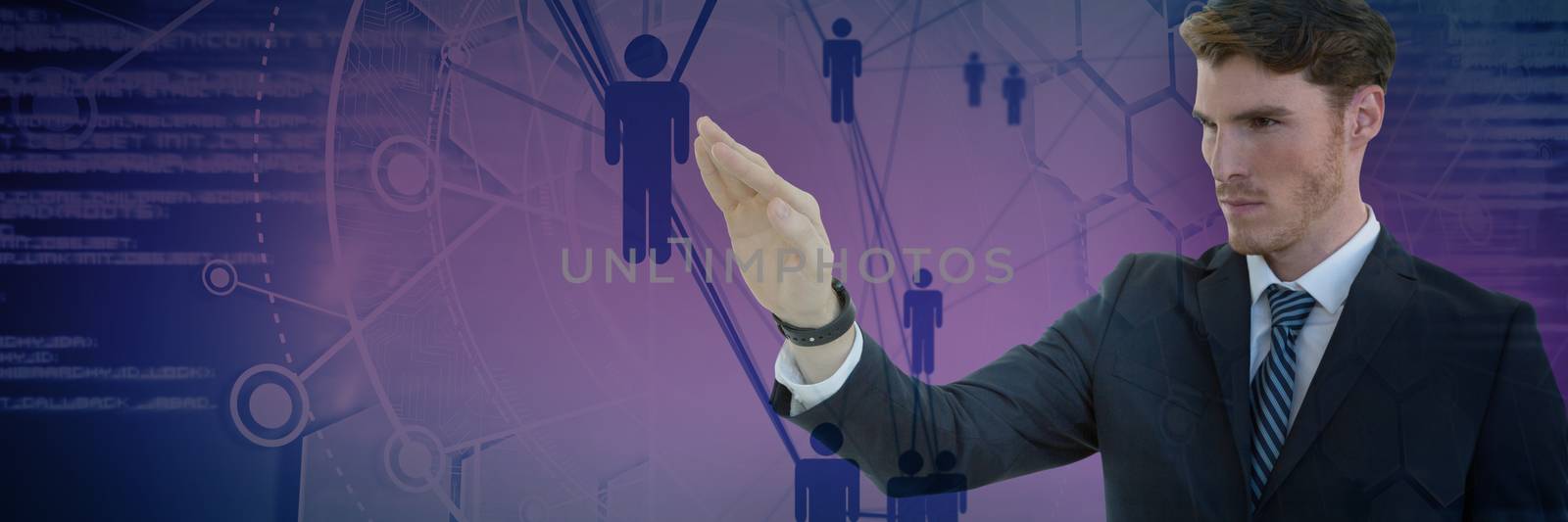 Businessman presenting against people icons and binary codes
