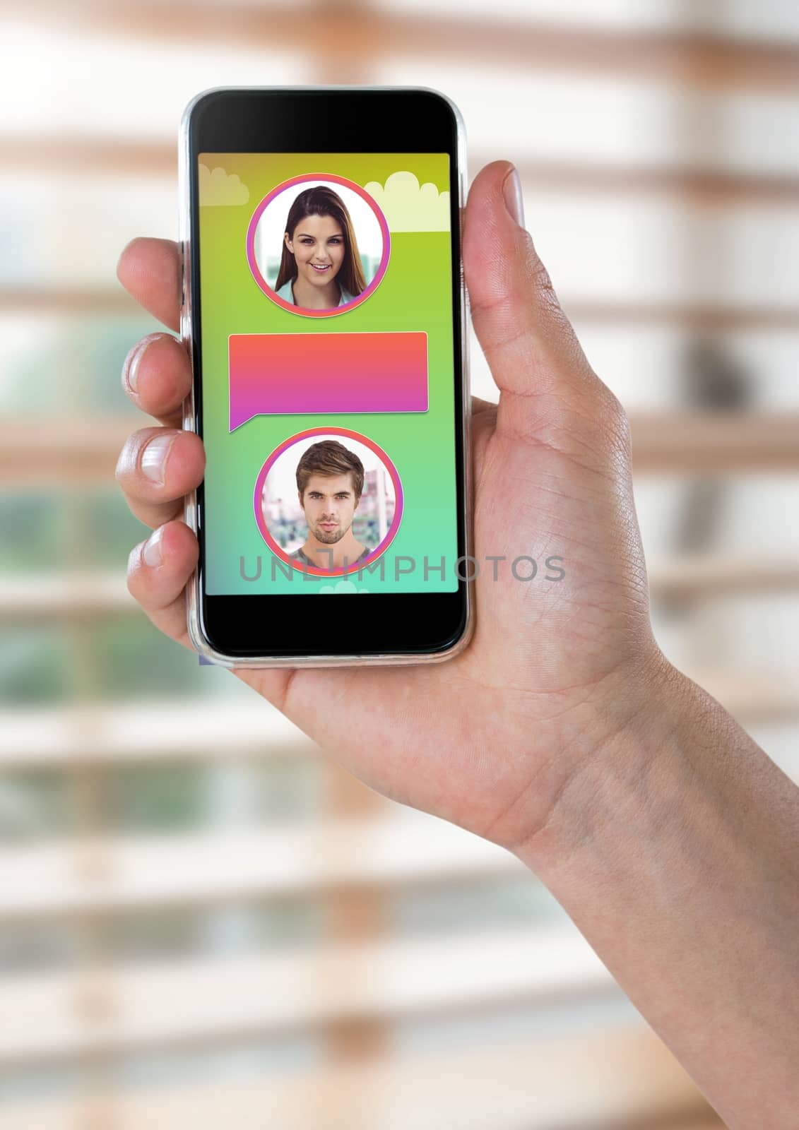Digital composite of Messaging App on phone in hand with chat profiles
