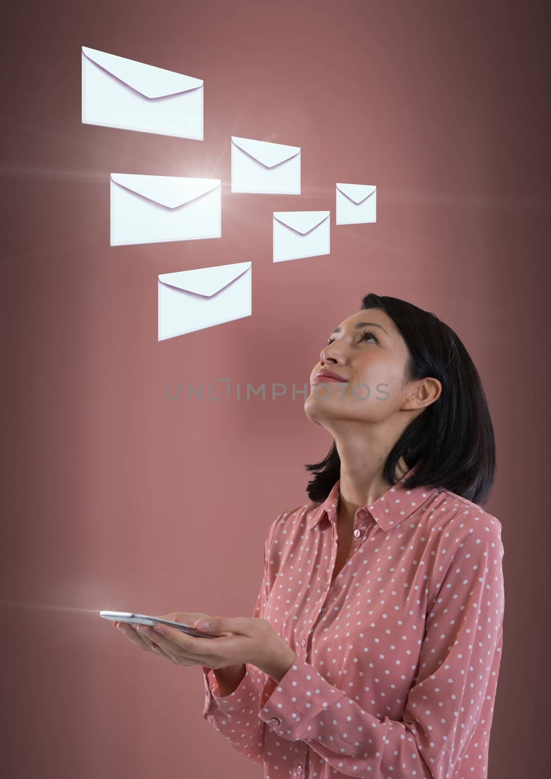 Digital composite of Envelope letter messages and woman using tablet