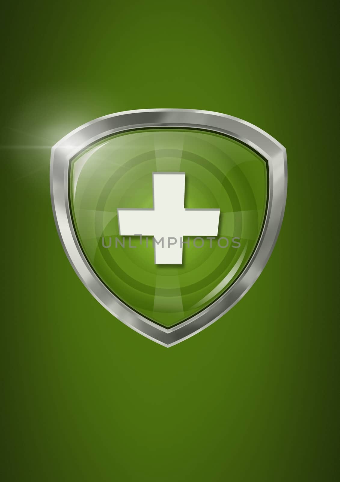 Digital composite of Health security protection shield on green background