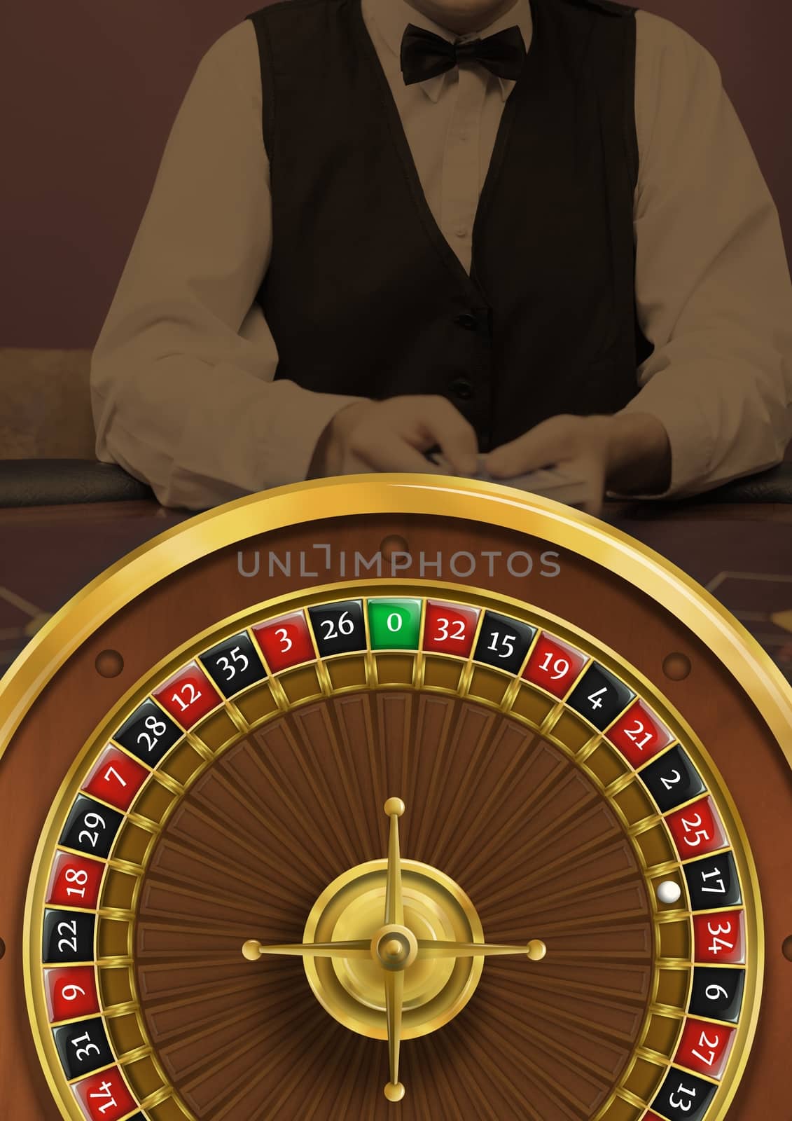 Digital composite of Roulette wheel and croupier in casino