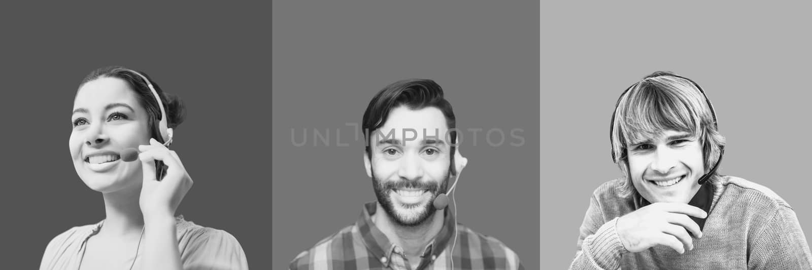 Digital composite of Call Center customer service people in grey square sections