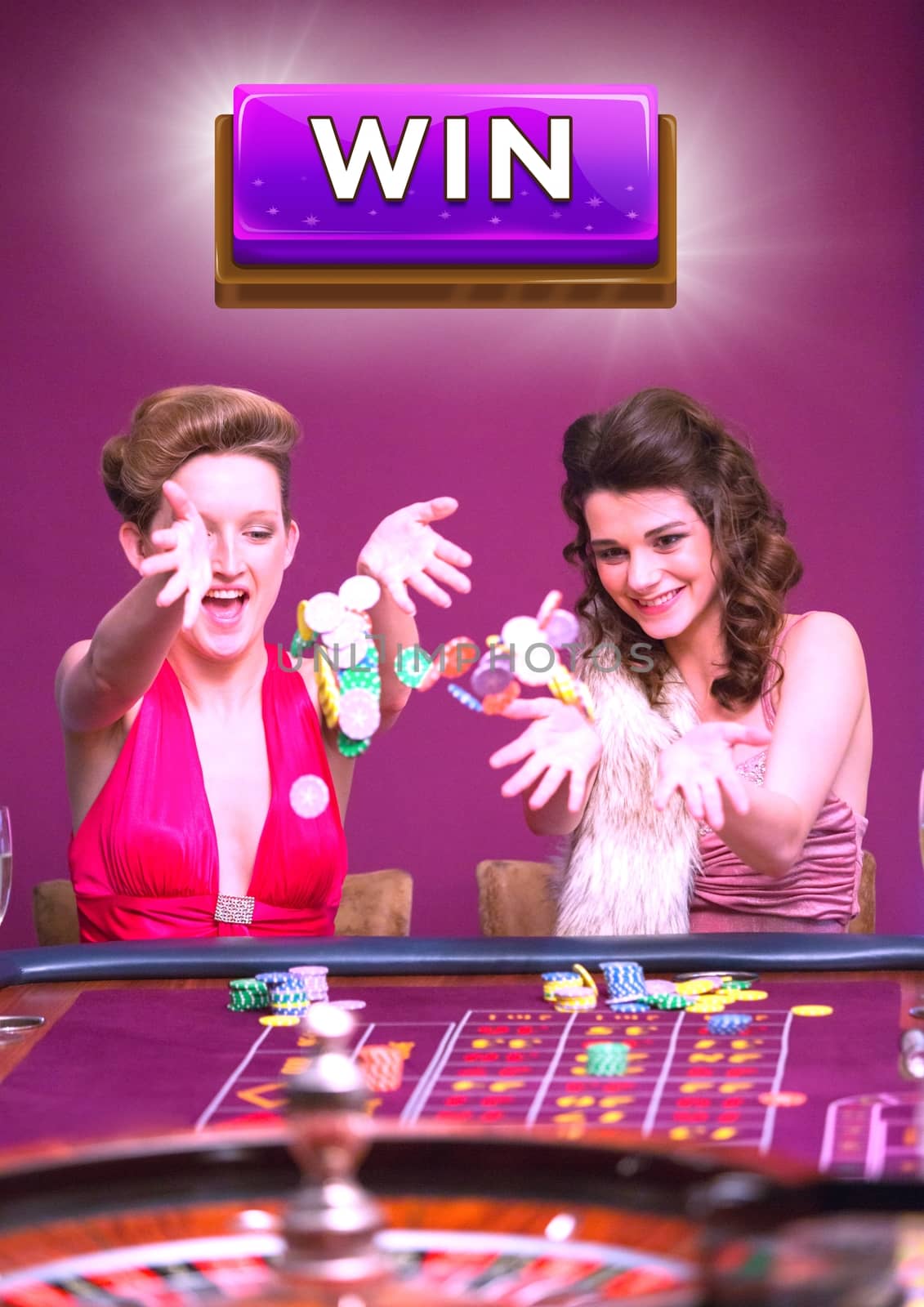Digital composite of Win button with two women playing in casino