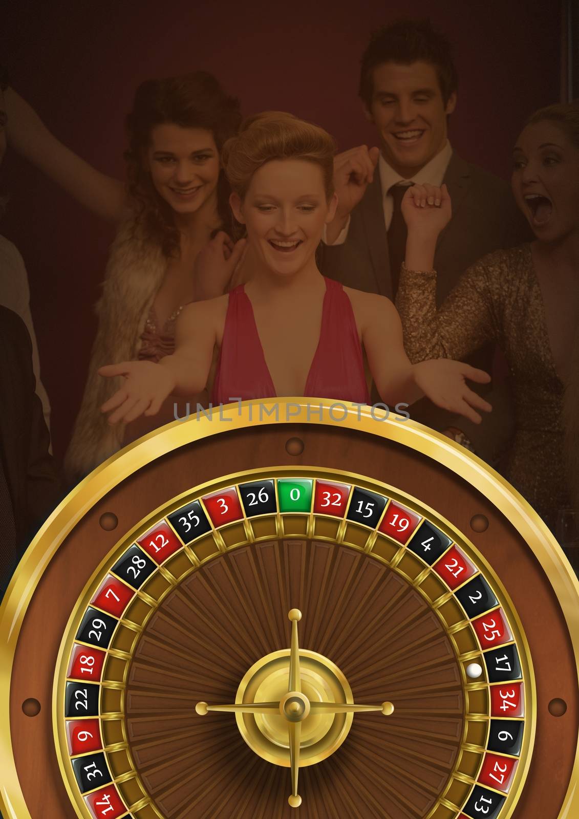 Digital composite of Roulette wheel and people having fun in background