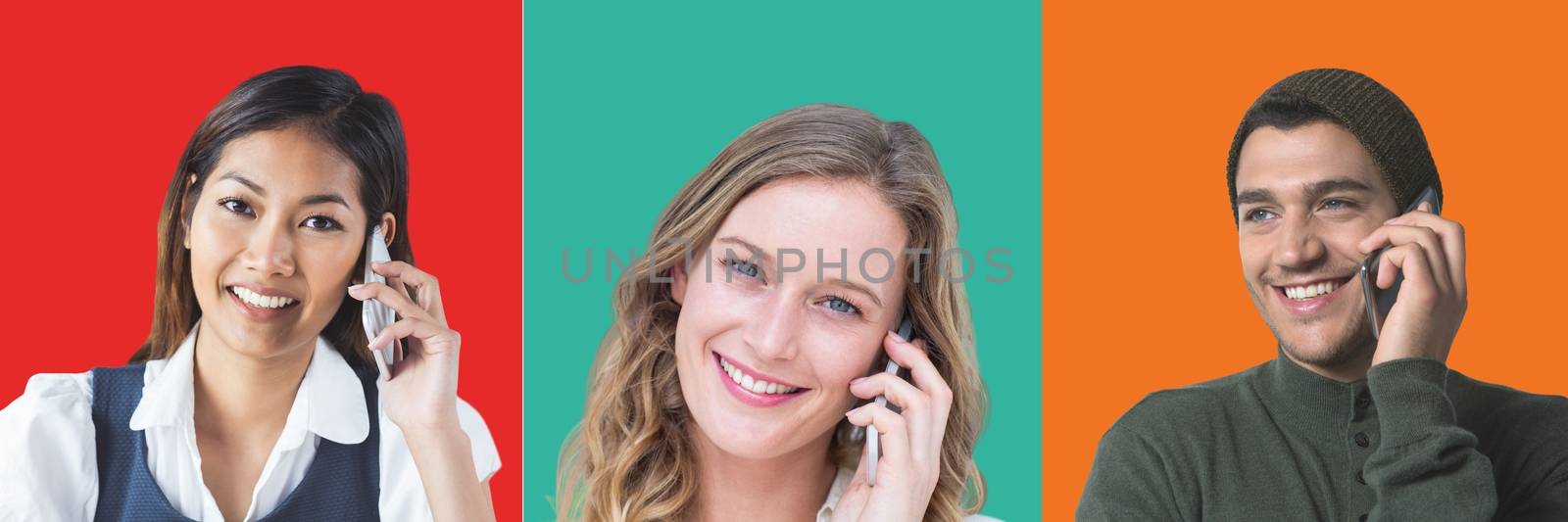 Digital composite of People on phones in colorful square sections