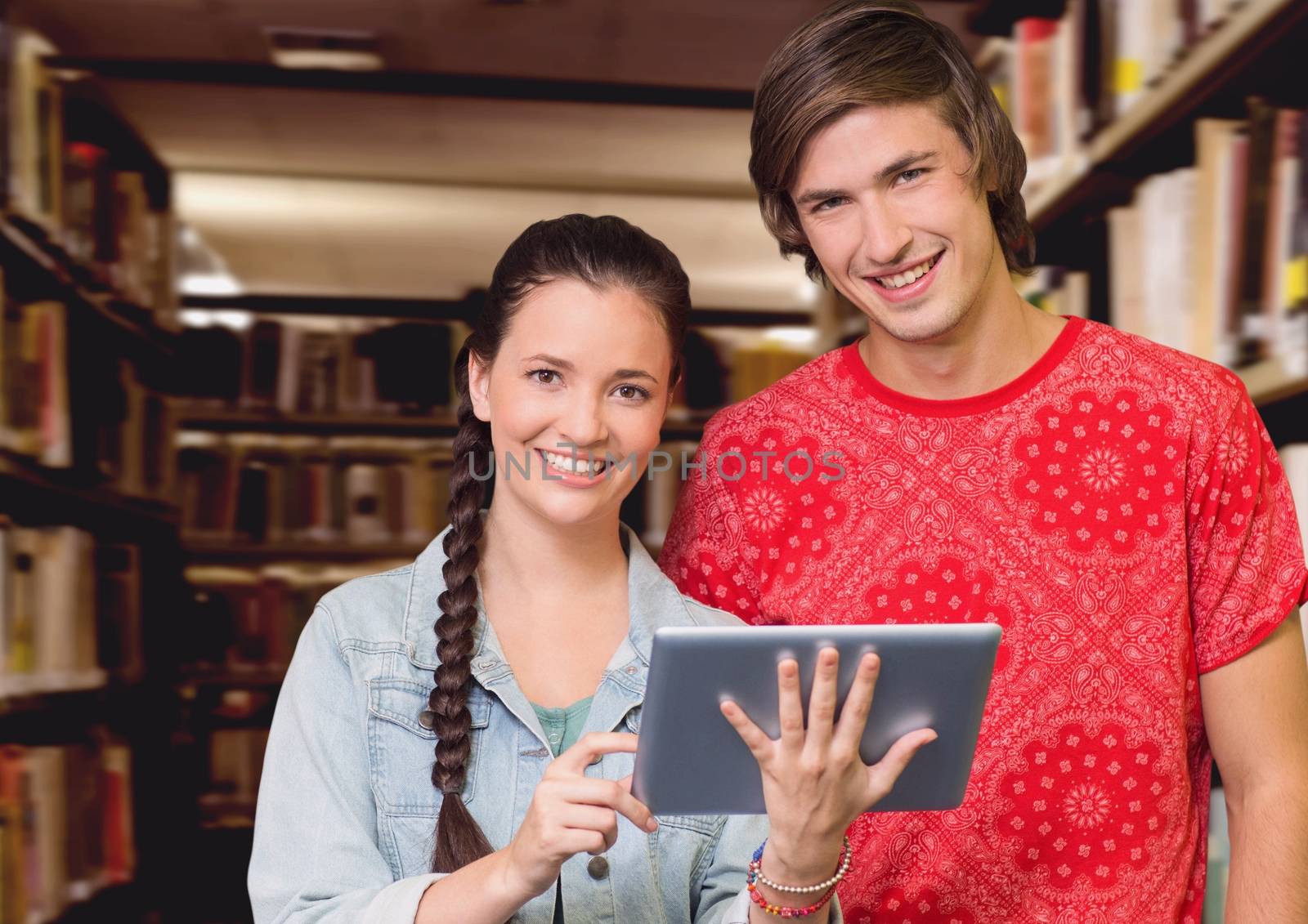 Digital composite of Student couple in education library