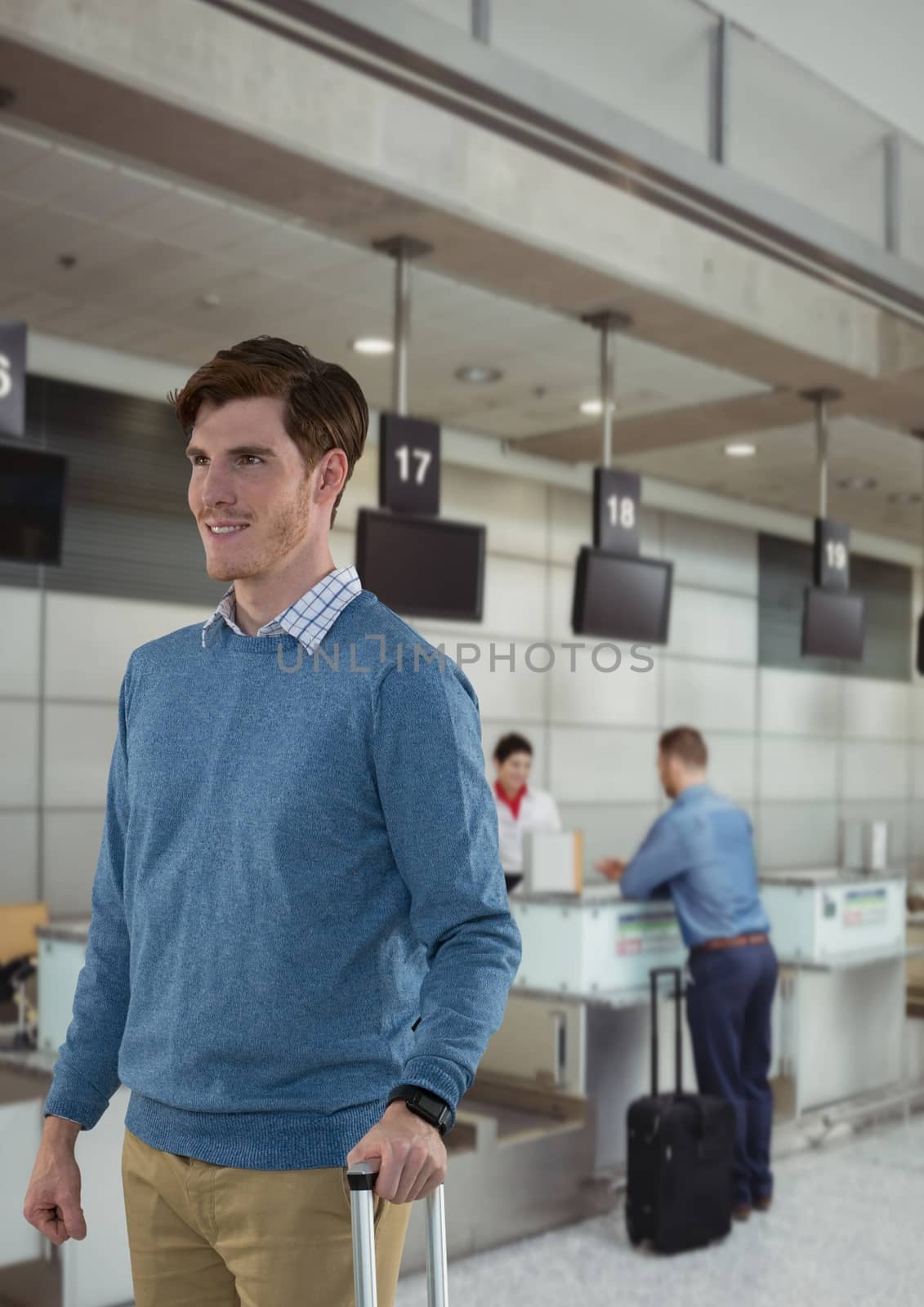 Digital composite of Man carrying luggage in airport check in area