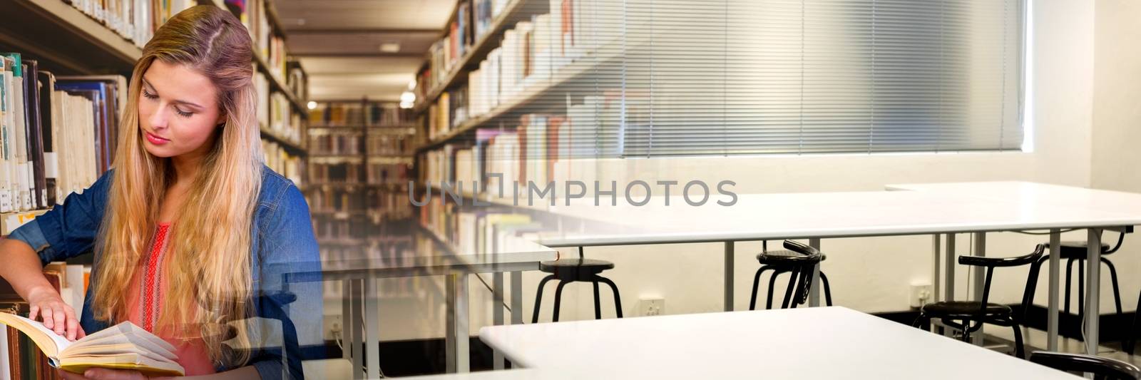 Digital composite of Student woman in education library with transition