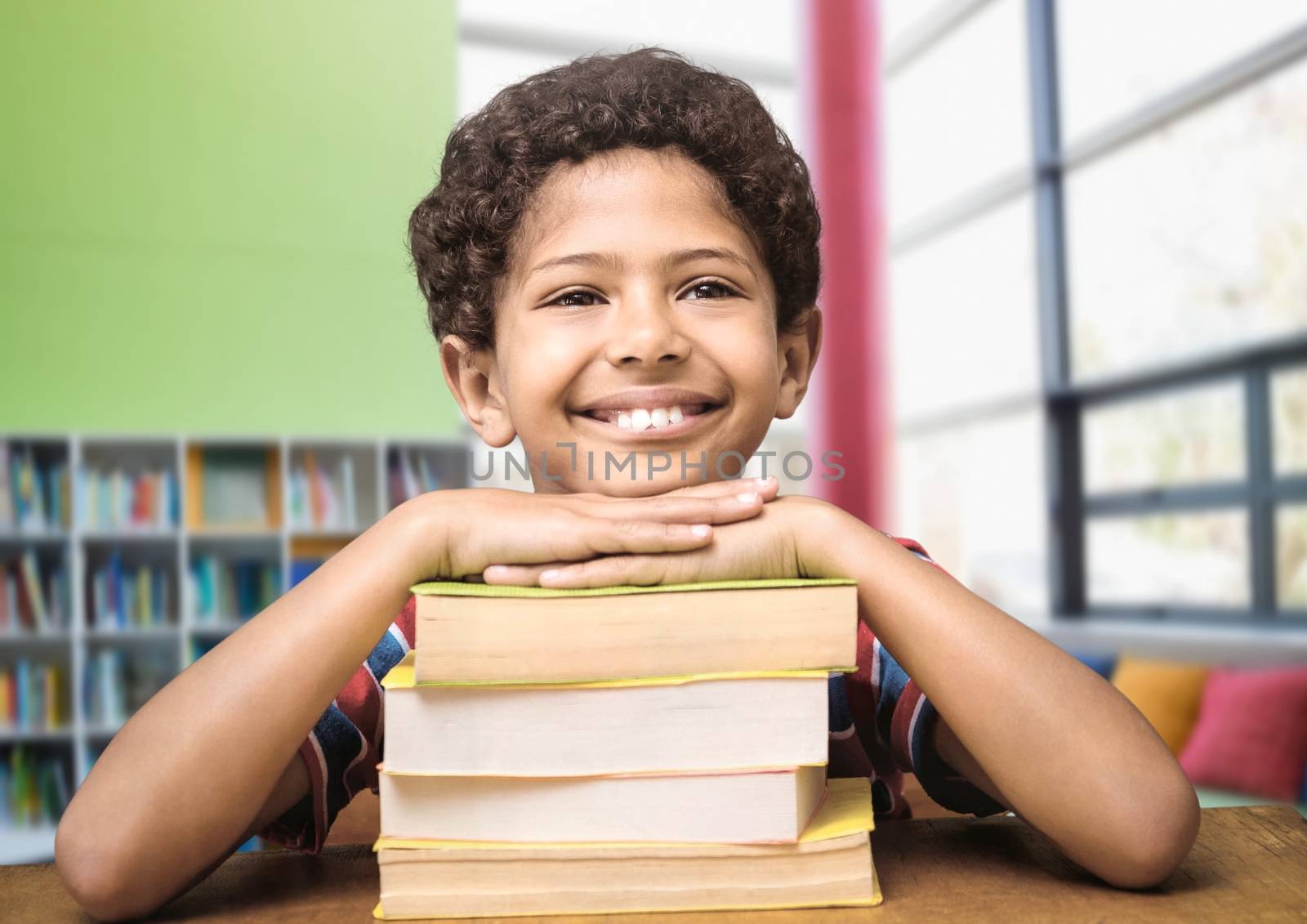 Digital composite of School boy in education library