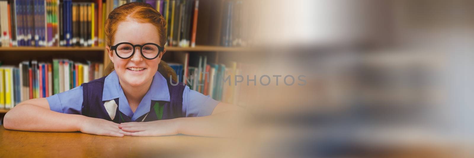School girl in education library with transition by Wavebreakmedia