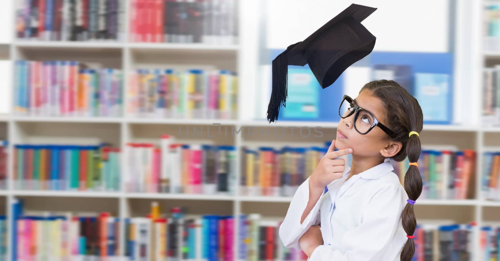 Digital composite of Science School girl in education library with graduation hat