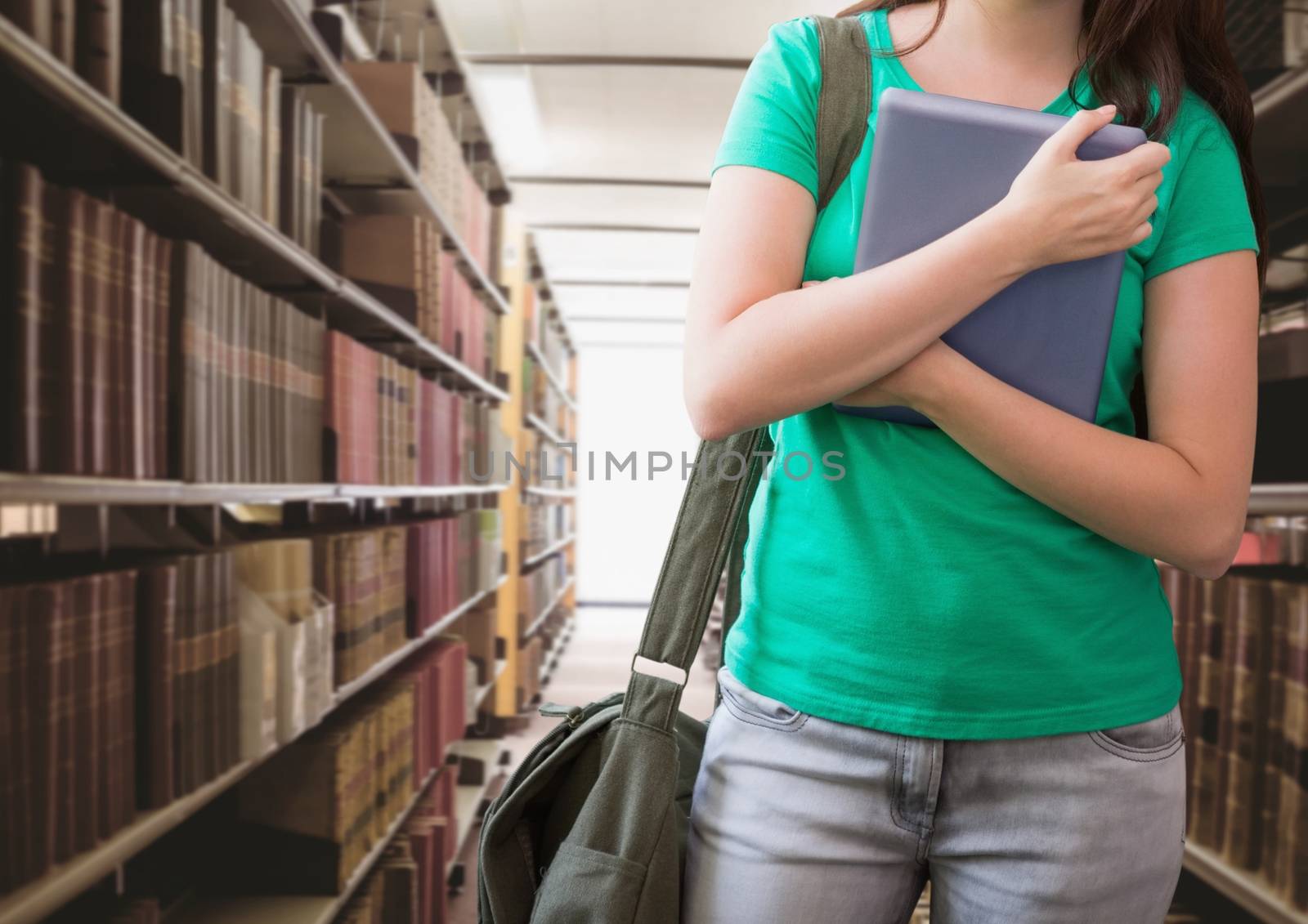 Digital composite of Student woman in education library