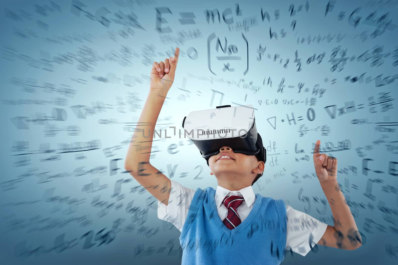 Schoolboy wearing virtual reality headset enjoying against abstract green background,