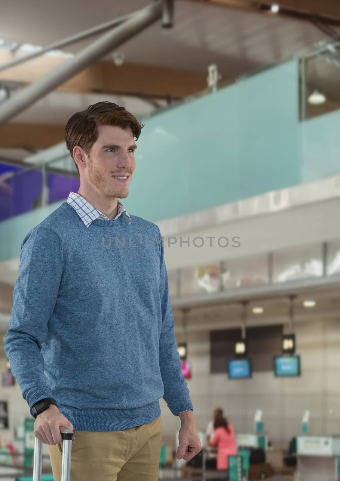 Digital composite of Man carrying luggage in airport