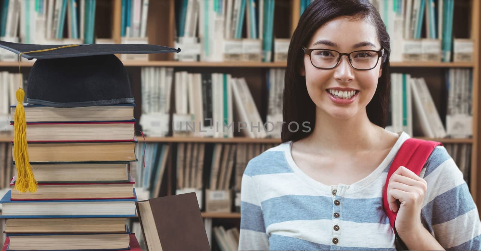 Digital composite of Student woman in education library with graduation hat and books