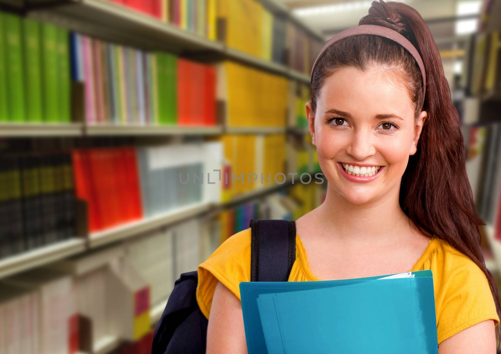 Digital composite of Student woman in education library